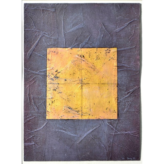 Purple and Gold Abstract by artist and architect Peg Denney (American, 20th century). Gold square is reflective and looks...