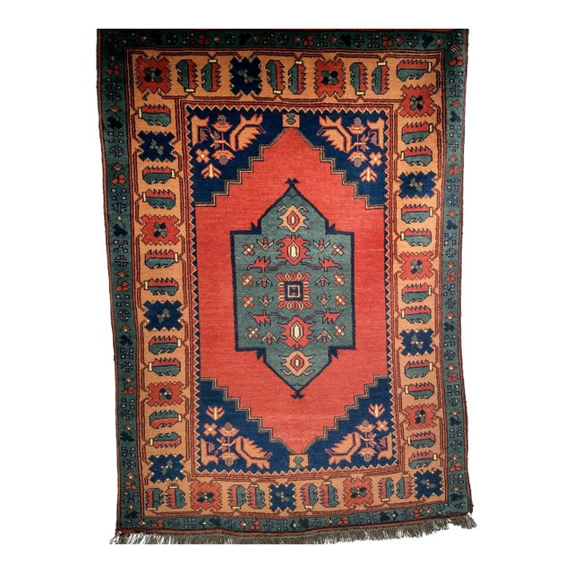 Vintage Kurdish Tribal Rug With Medallion Design in Red, Green & Saffron For Sale