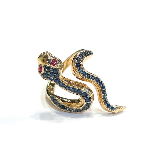 Mediterranean Bochic "Orient" Vintage Black Diamond & Ruby Serpent Ring In 18K Gold & Silver For Sale - Image 3 of 18
