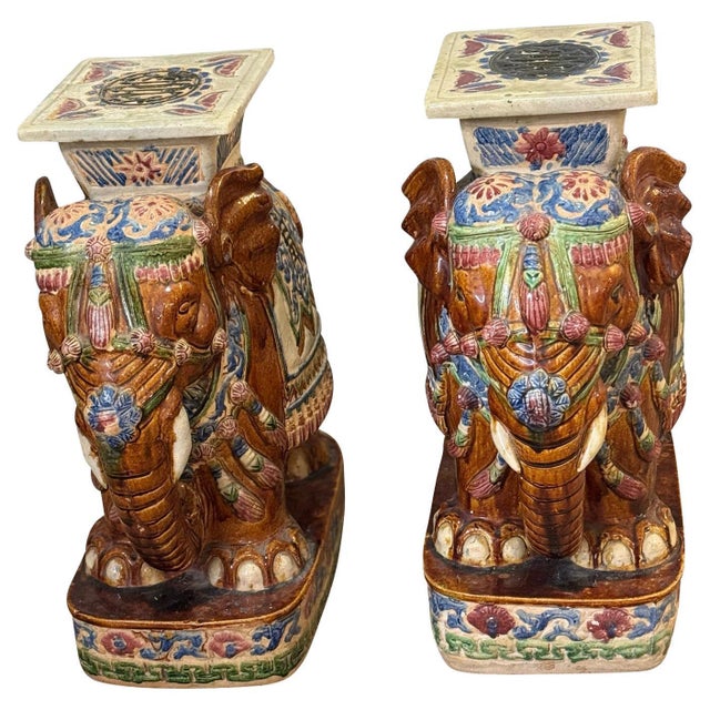 Vintage Brown Elephant Form Garden Stools with Green and Blue Decoration - A Pair For Sale - Image 16 of 18