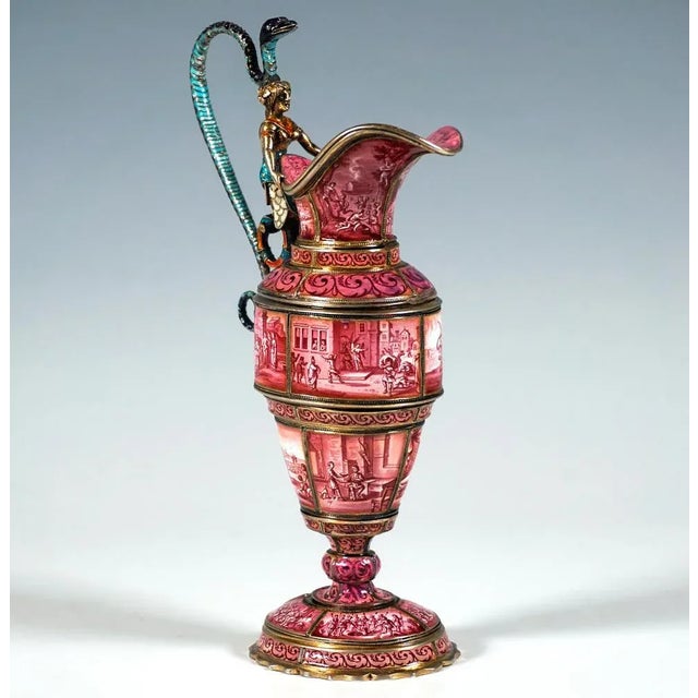 Finest Viennese Enamel Work from around 1870: Silver vessel on an oval plan, with a large, offset, domed foot, baluster-...