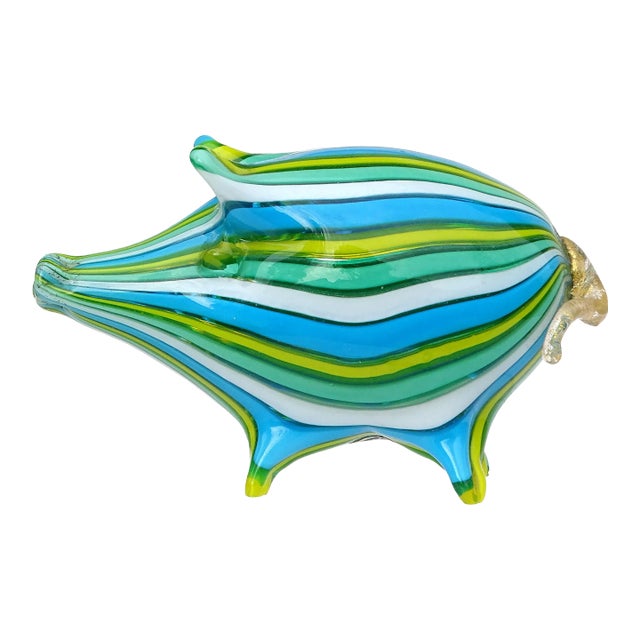 Vintage Murano Fratelli Toso Blue Green White Yellow Stripes Gold Flecks Italian Art Glass Pig Figurine Sculpture For Sale