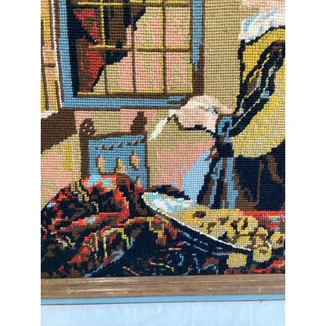 Wood Vintage Framed Needlepoint Artwork After Vermeer Girl Reading at Window For Sale - Image 7 of 10