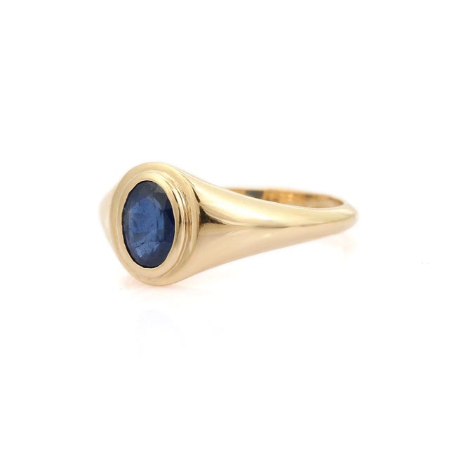 Not Yet Made - Made To Order Chic 14k Gold Blue Sapphire Contemporary Signet Ring Size 6 For Sale - Image 5 of 12