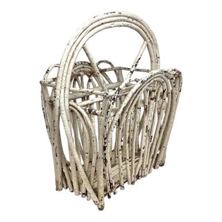 Antique Adirondack Camp Twig Canterbury or Magazine Rack in Crusty Primitive White Paint For Sale