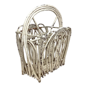 Antique Adirondack Camp Twig Canterbury or Magazine Rack in Crusty Primitive White Paint