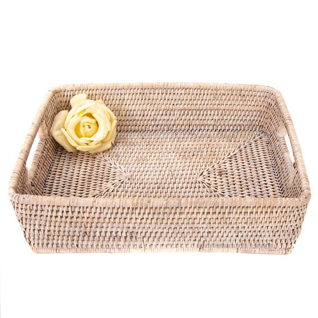Artifacts Rattan Rectangular Storage Basket with Rounded Corners in White Wash - 14" For Sale In Houston - Image 6 of 8