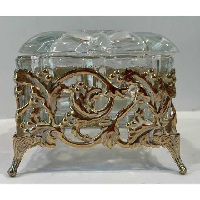 Vintage Hollywood Regency Gold Metal and Glass Powder Trinket Box For Sale - Image 4 of 9