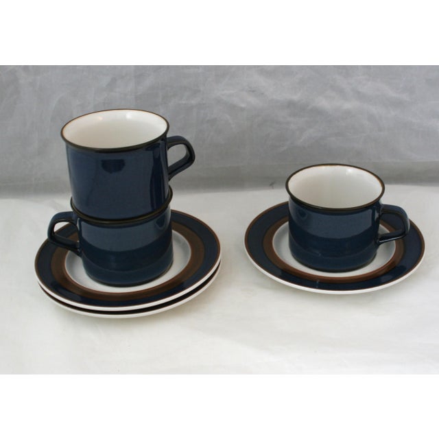 Vintage Haniwa Ranmaru Stoneware Cups & Saucers Blue and White Capri Pattern - 6 pcs For Sale In West Palm - Image 6 of 11