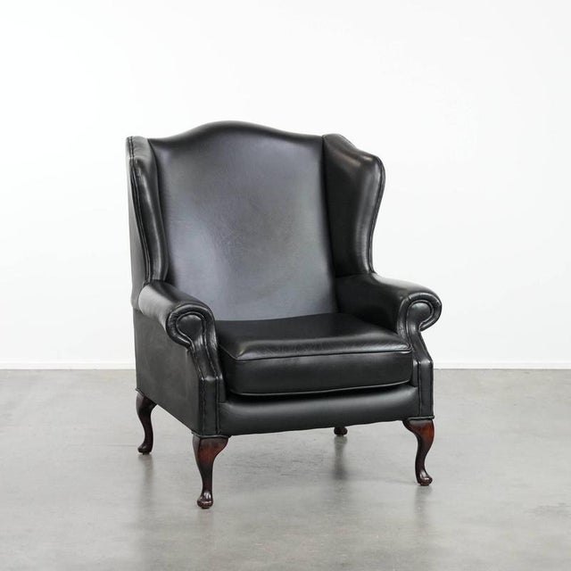 English Style Black Cowhide Chesterfield Wing Chair For Sale - Image 15 of 15
