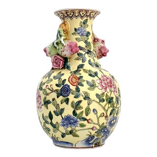 Vintage Chinese Porcelain Ceramic Vase With Hand Painted Blue Birds Flowers With 3-D Pomegranates - Tobacco Leaf Style Pottery For Sale