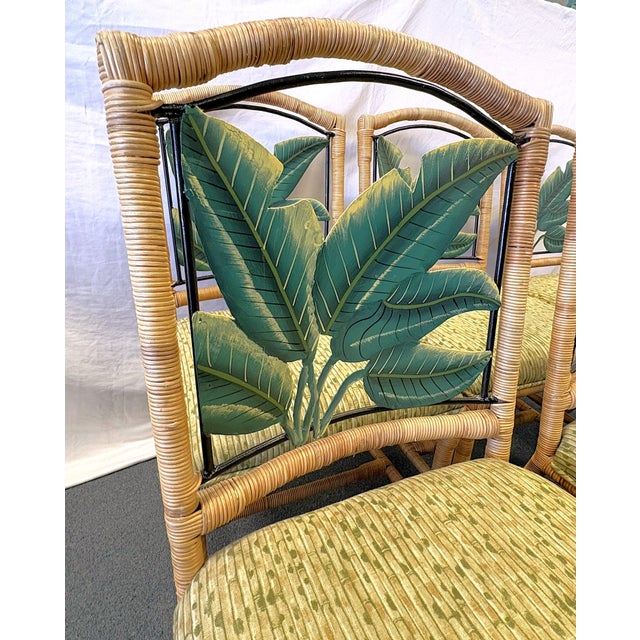 Late 20th Century Vintage McGuire Style Rattan Wrapped Dining Chairs With Banana Leaf Back Detail- Set of 6 For Sale - Image 5 of 18