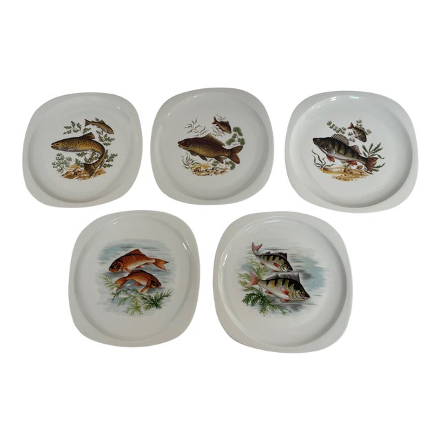 1940s-50s French Limoges Fish Plates - Set of Five For Sale