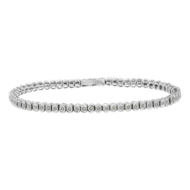 .925 Sterling Silver ½ Cttw Miracle-Set Diamond Round Half Bezel 7” Tennis Bracelet (I-J Color, I2-I3 Clarity) For Sale