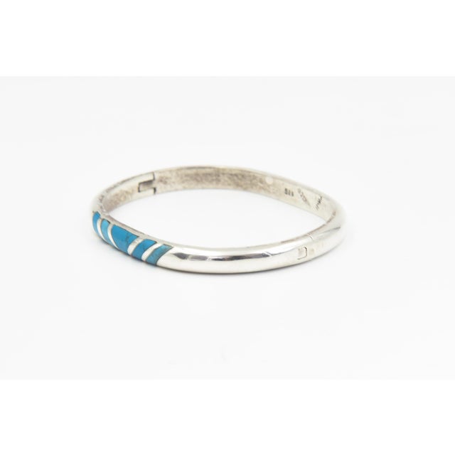 Contemporary Vintage Modernist Mexican Geometric Turquoise Sterling Silver Bangle Bracelet For Sale - Image 3 of 9