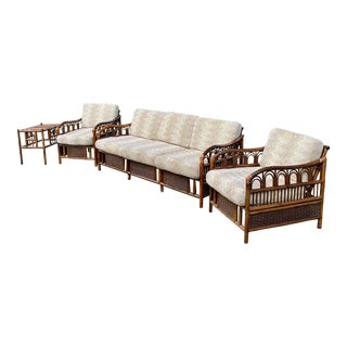 1950s Ficks Reed Rattan Bentwood Sofa Club Chairs Set - 4 Pieces For Sale