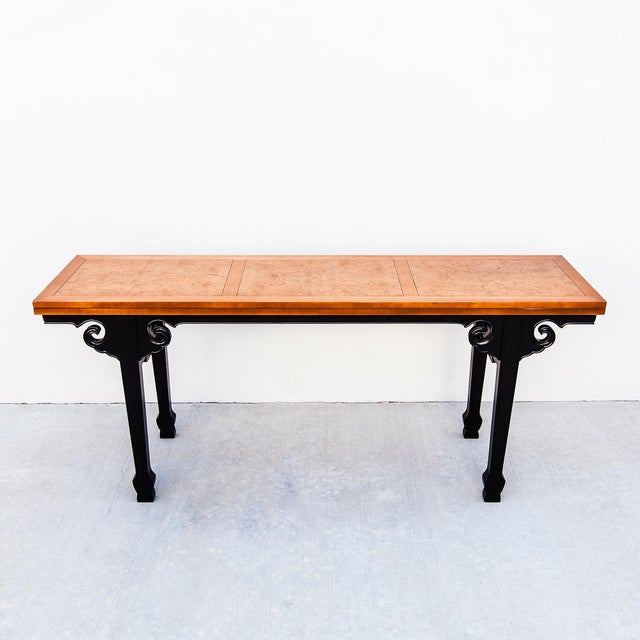 Vintage 1970s convertible Chinoiserie console table in cherry and olive ash burl by Baker, designed by Michael Taylor for...