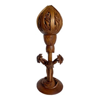 Vintage Hand-Carved Blossoming Lotus Flower Wood Lamp For Sale
