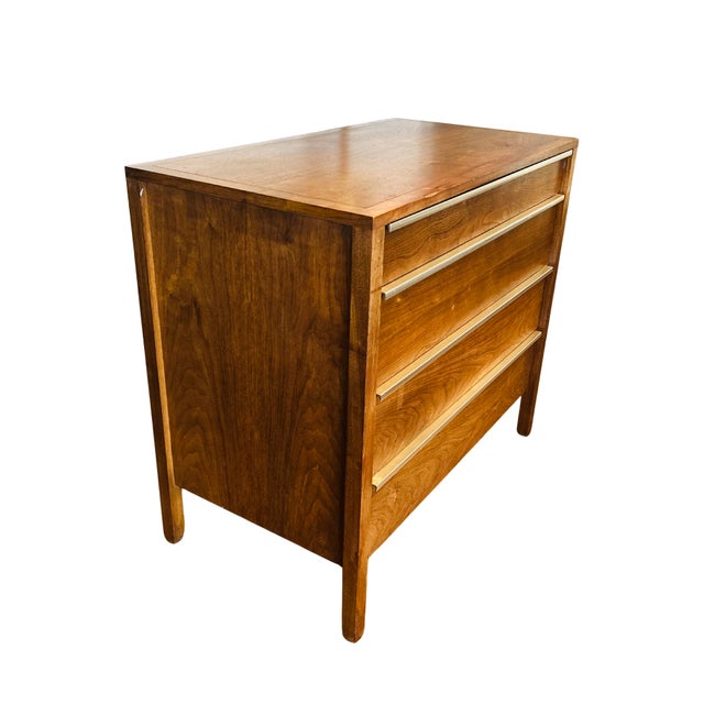 Vintage John Stuart Mid-Century Modern Walnut Four-Drawer Dresser by John Stuart – Walnut Chest With Steel Edge Pulls, Circa 1970s For Sale - Image 14 of 18