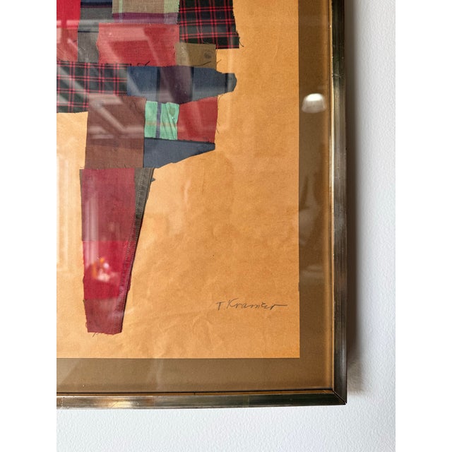 Vintage T. Kramer Mixed Media Geometric Collage Textile Wall Art Painting For Sale - Image 9 of 12