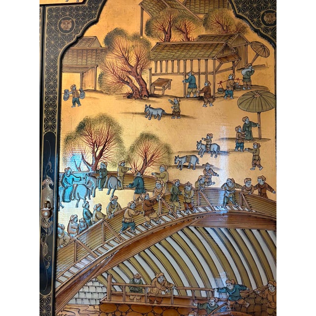 Gold Hand-Painted Vintage Chinoiserie Village Scene Secretary Desk & Bookcase For Sale - Image 8 of 17