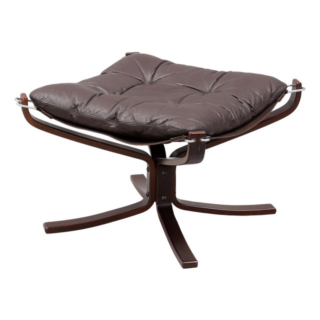 Vintage Falcon Ottoman in Brown Leather and Plywood by Sigurd Ressell for Vatne Møbler, 1970s For Sale