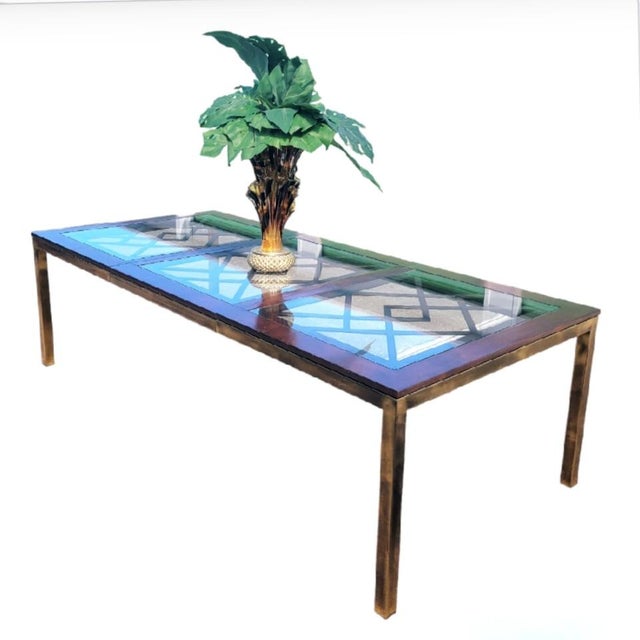 1980s Vintage Mastercraft Style Huge Fretwork Brass Glass Dark Wood Extension Dining Room Table For Sale - Image 14 of 17