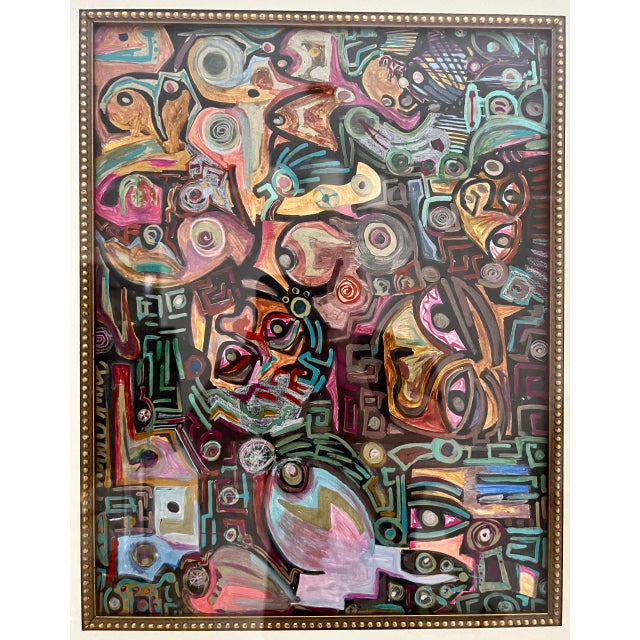 A unique contemporary framed painting... no real subject matter, but wonderfully colorful and a very nice decorative piece...