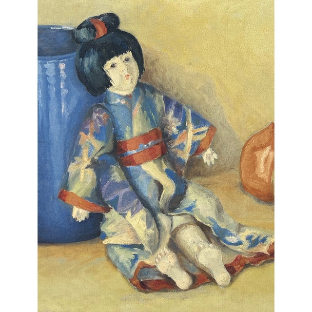 Japonisme A French Oil on Canvas Japanese Style Painting of a Doll For Sale - Image 3 of 9