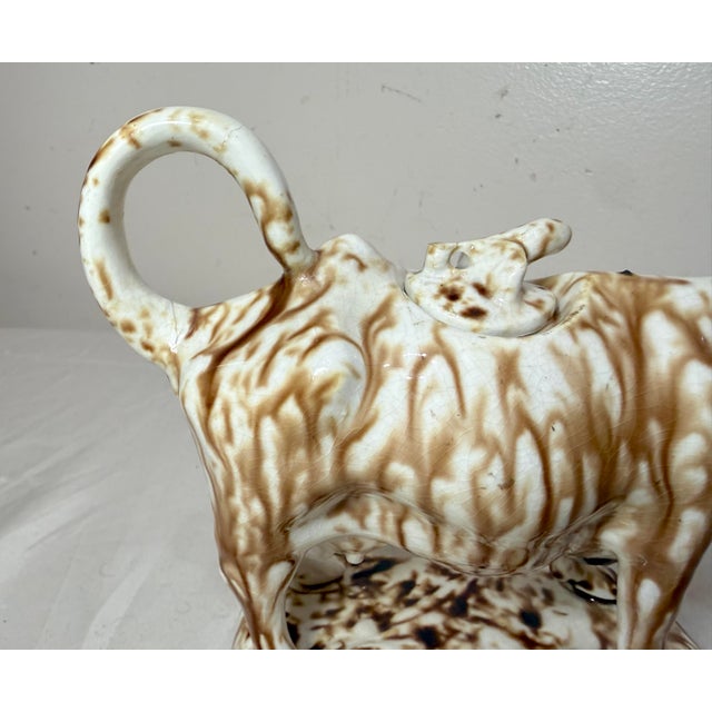 Antique Staffordshire Pottery Brown Drip Glaze Figural Cow Creamer For Sale - Image 11 of 15