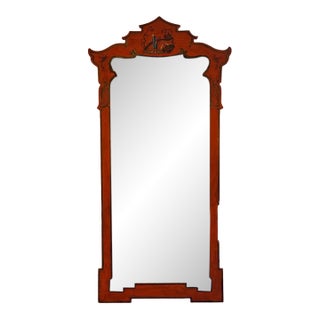 Red Chinoiserie Mirror With Painted Pagoda Crest For Sale