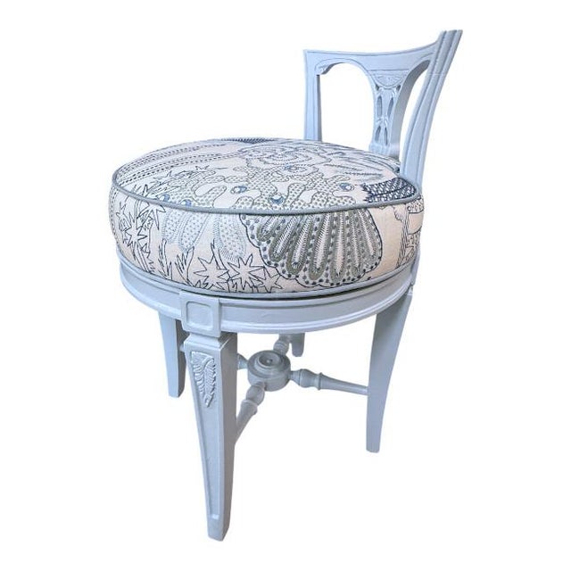 Vintage Vanity Stool in Benjamin Moore Soft Sky Blue With Cowtan & Tout Upholstery For Sale - Image 12 of 12