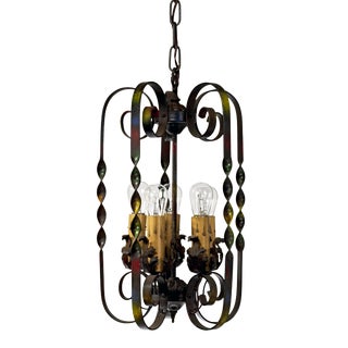 1920's Hand Painted Wrought Iron Five Cluster Lantern For Sale