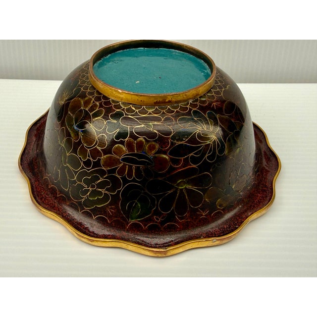 Metal Japanese Cloisonné Enamel Bowl, Showa Period, Hand-Wired Floral Interior 5” Diameter For Sale - Image 7 of 11