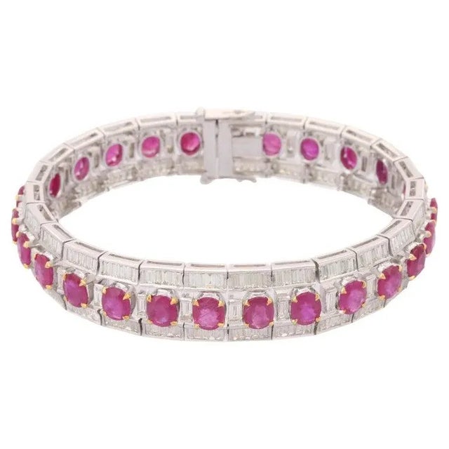 Boho Chic 18kt Solid White Gold 8.5 Ctw Diamond and 21 Ctw Intense Red Ruby Tennis Bracelet For Sale - Image 3 of 7