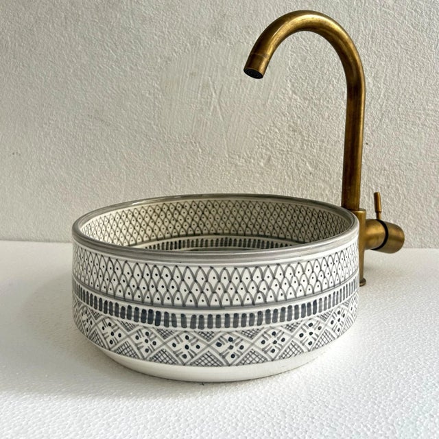 Gray Handcrafted Ceramic Pottery Round Vessel Washbasin Sink With Brass Drain For Sale - Image 10 of 10
