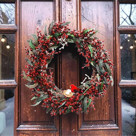 Winter Berries Door Wreath Realistic Red Cardinal‎ Egg Nest Holiday Ice Crystals For Sale - Image 13 of 15