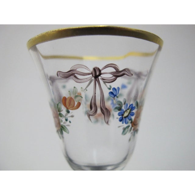 Victorian Vintage Hand Painted Colorful Flower & Ribbon Bows Gold Trim Cordial Glass For Sale - Image 3 of 7