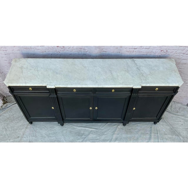 19th Century French Louis XVI Marble Top Painted Sideboard. Top is white variegated marble and below this the mahogany...