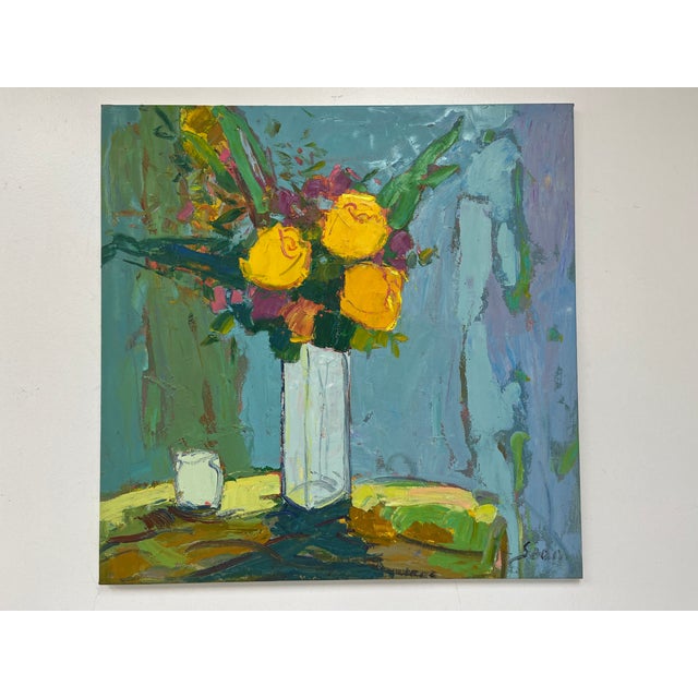 A vibrant and expressive original oil painting on canvas featuring a bold bouquet of yellow roses with deep green leaves...
