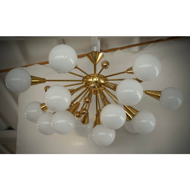 Gold Mid-Century Murano White Art Glass and Brass Chandelier and Pendant For Sale - Image 8 of 10