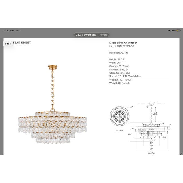 AERIN Visual Comfort :Liscia Large Chandelier by Aerin in Gild Finish Sku # Arn5174, With 12 40 Watt Bulbs For Sale - Image 4 of 4
