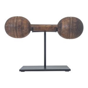 Antique Wooden Dumbbell on Cast Iron Stand – Early 20th Century Gym Object