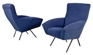 Set of Mid-Century Italian Modern Blue Fabric and Black Metal Armchairs, 1960s