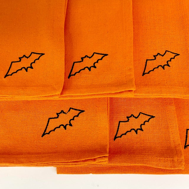 Textile 1980s Vintage Boho Chic French Linen Halloween Bat Napkins - Set of 8. For Sale - Image 7 of 8