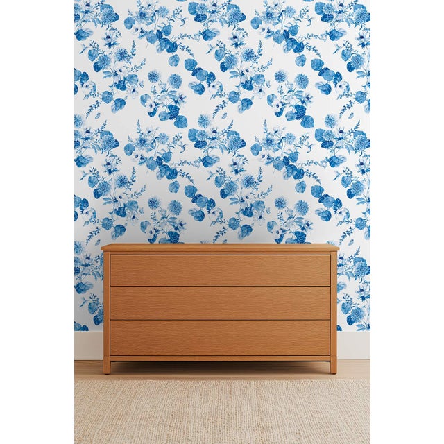 Blue Chirp Society Floral Grasscloth Wallpaper by House Party | French Blue | 6 Yards For Sale - Image 8 of 9