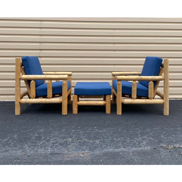 Organic Modern Cedar Log Lounge Chairs in Cerulean Blue + Ottoman, Set