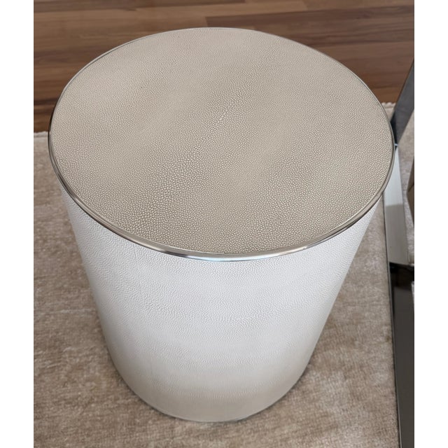 Elegant Restoration Hardware side table featuring a cylindrical drum form wrapped in faux shagreen with refined metal...