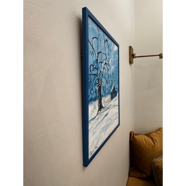 Vintage Scandinavian Modern Folk Art Winter Landscape Expressionist Original Framed Oil Painting For Sale - Image 9 of 12