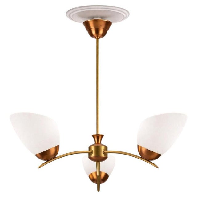 Mid-Century Swedish Brass and Copper Chandelier with Opaline Glass, 1950s For Sale - Image 9 of 9